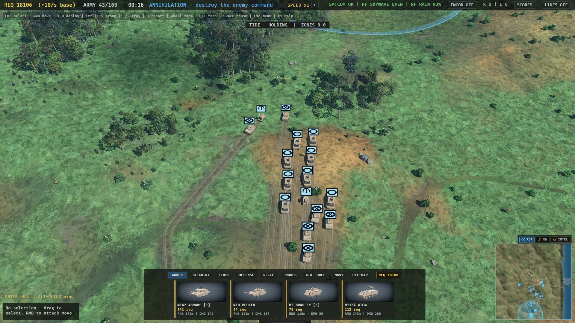 Command view: an armored column, the deploy tray and the minimap.