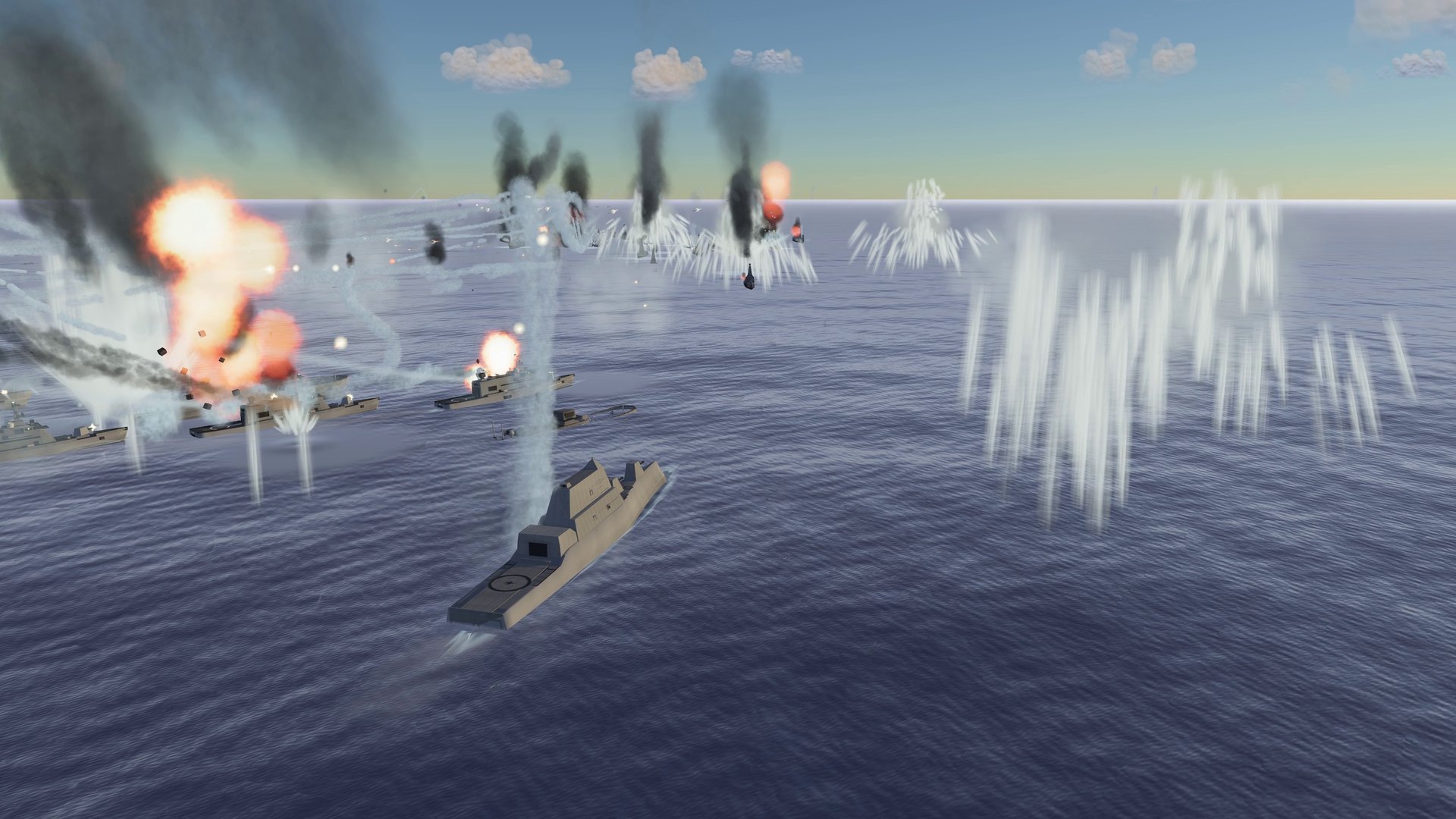 A fleet action: missiles, point defense and water columns.