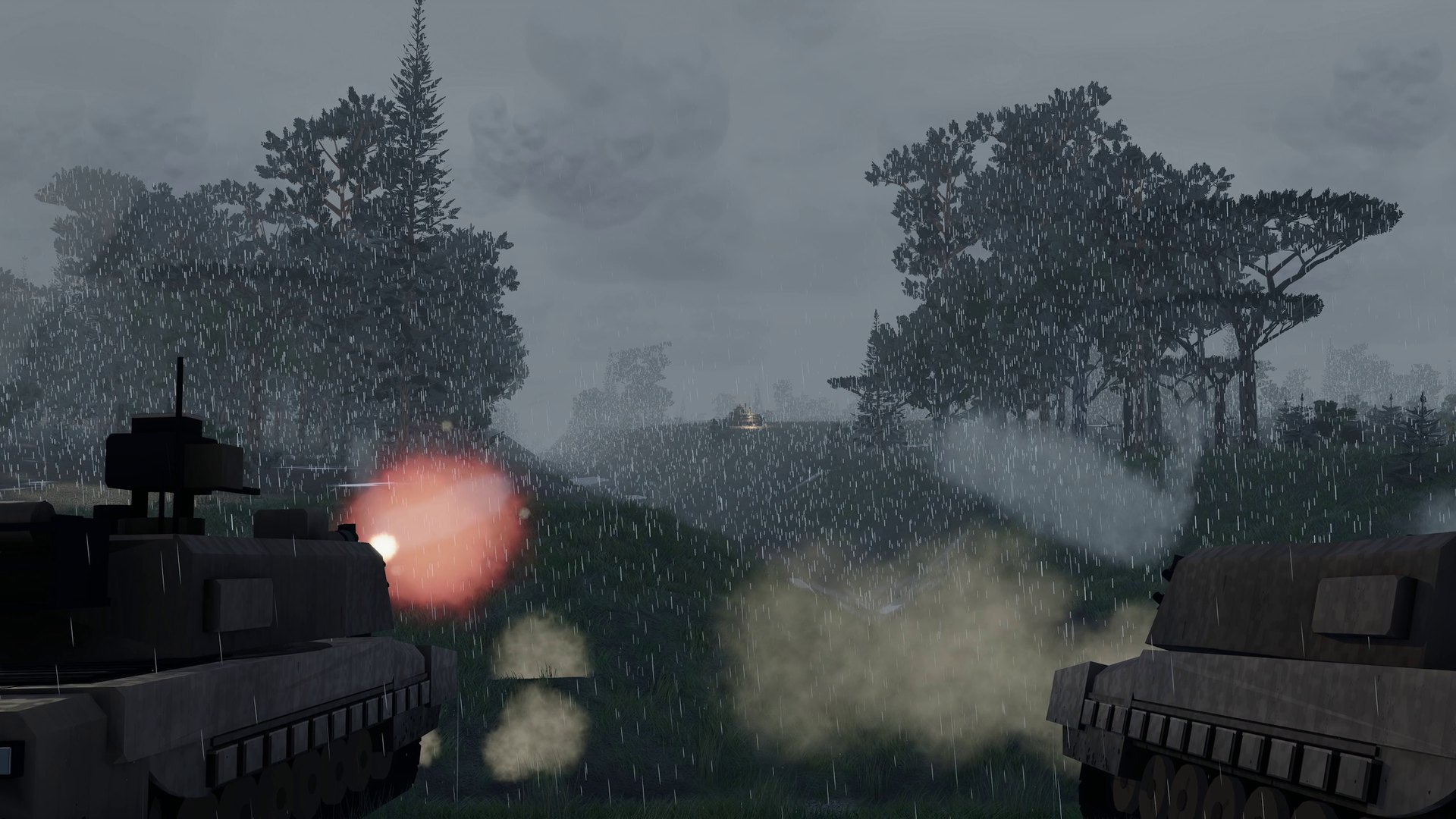 A tank duel in the rain.